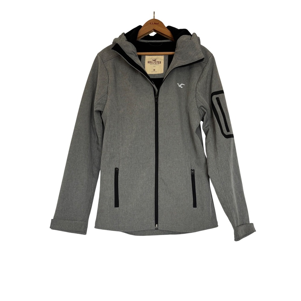 Hollister Mens Grey Fleece Lined Hooded‎ Softshell Jacket Full Zip M Lightweight